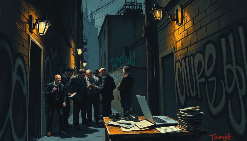 A dimly lit alleyway, shadows cast by flickering streetlamps revealing a clandestine scene. In the foreground, a group of sketchy-looking individuals huddled together, exchanging cash and surreptitious glances. The middle ground depicts a makeshift workstation, with a laptop, papers, and a stack of cash - the tools of an illicit side job. In the background, a looming industrial building with graffiti-covered walls, a symbol of the urban underbelly. The atmosphere is one of unease and secrecy, capturing the gritty reality of the "dark jobs" that lurk within the shadows of the Taimeido app.
