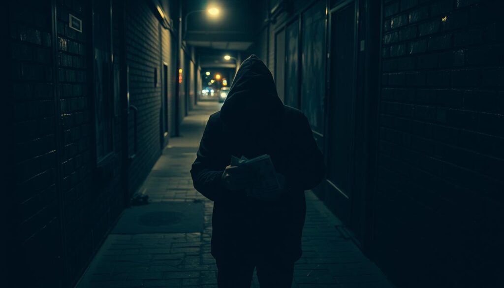 A dimly lit alleyway, shadows casting eerie shapes on the cracked pavement. A lone figure, hooded and hunched, exchanges a wad of cash for an unmarked package - the risky, clandestine nature of an illicit side job evident in every furtive movement. The air thick with unease, a sense of danger lurking just out of sight. Harsh streetlights cast an ominous glow, highlighting the precariousness of the situation. In the distance, the faint sound of police sirens, a reminder of the ever-present threat of discovery and the consequences that loom. This is the unsettling world of the "dark side job", a place of hidden risks and perilous choices.