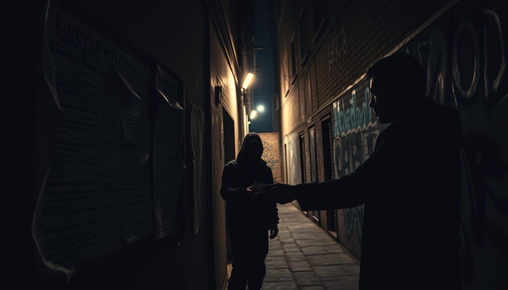 A dimly lit alleyway, the shadows cast by flickering streetlights. In the foreground, a tattered bulletin board displays cryptic coded messages, hinting at illicit opportunities. The middle ground features a nondescript figure, their face obscured, handing over cash to another individual whose expression is unreadable. The background is a maze of graffiti-covered walls, creating an atmosphere of unease and secrecy. Cinematic lighting, a moody color palette, and a high-contrast, gritty aesthetic convey the clandestine nature of the "hidden language" used in these shadowy job postings.