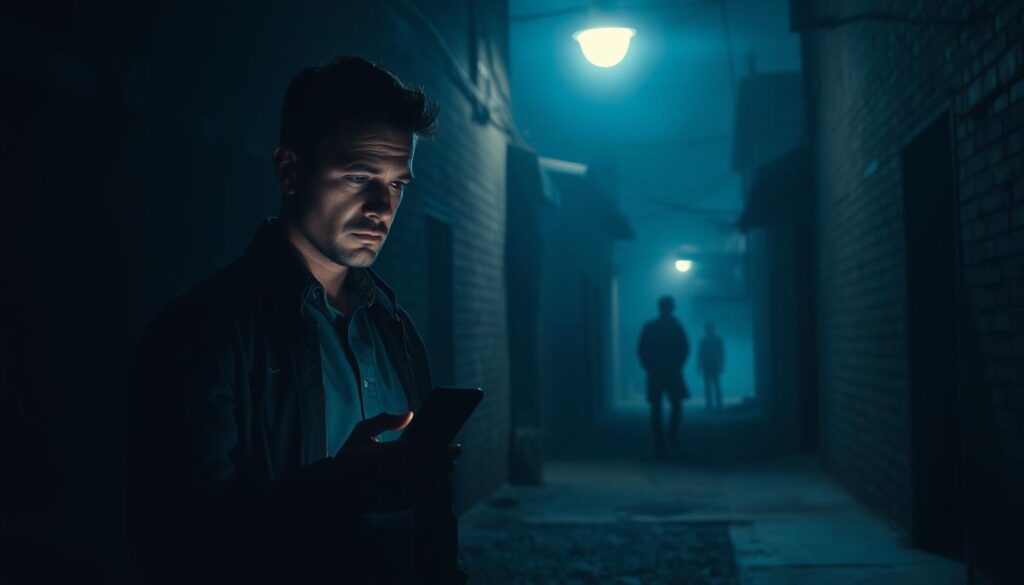 A dimly lit back alley, illuminated by the soft glow of a single streetlight. In the foreground, a person stands warily, examining a job listing on their phone, their expression one of cautious scrutiny. The middle ground reveals shadowy figures lurking in the corners, their true intentions obscured. The background is hazy, with the silhouettes of nondescript buildings adding to the sense of unease. The scene is bathed in a somber, bluish hue, creating an atmosphere of mystery and potential danger. The overall composition conveys the need to be discerning when evaluating "dark" job opportunities, as the risks may not be immediately apparent.