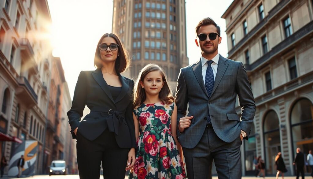 A fashionable family of three stands elegantly in the heart of Milan's iconic fashion district. The mother, dressed in a sleek black suit, exudes sophistication. The father, in a tailored gray ensemble, embodies refined style. Between them, their young daughter radiates youthful charm in a vibrant floral dress. Sunlight filters through the backdrop of towering buildings, casting a warm glow on the scene. The composition is balanced, with the family members positioned in a triangular formation, conveying a sense of unity and harmony. The image captures the essence of a stylish, cosmopolitan Italian family attending the prestigious Milan Fashion Week.