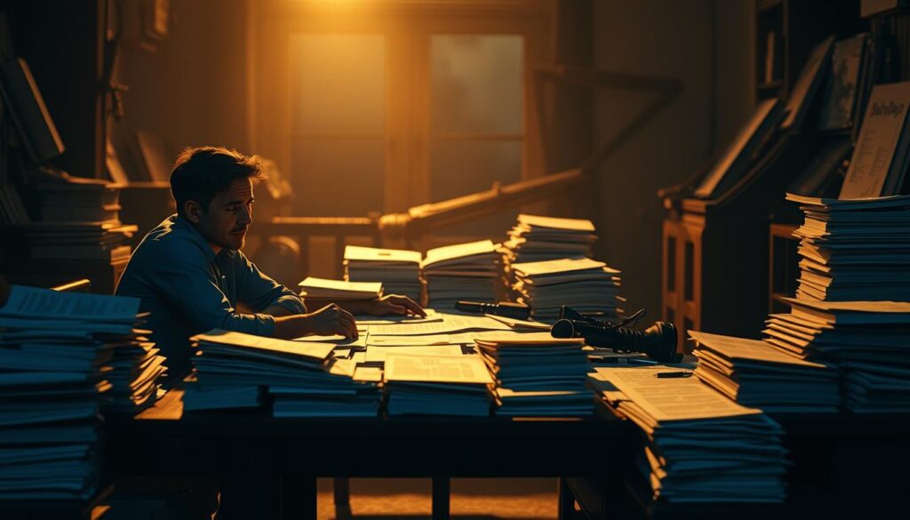 A thoughtful and introspective scene depicting the critical evaluation of collaborative works between the two accomplished actors. A dimly lit workspace, with a large central table covered in stacks of script pages, production notes, and character studies. Soft, warm lighting illuminates the scene, casting gentle shadows and creating an atmosphere of focused concentration. In the foreground, two figures sit in contemplation, their expressions pensive as they review and discuss the nuances of their shared performances. The background is blurred, hinting at the larger creative process that led to the final product. The overall mood is one of artistic reflection and professional consideration, capturing the essence of the "共演作品の評価" section.