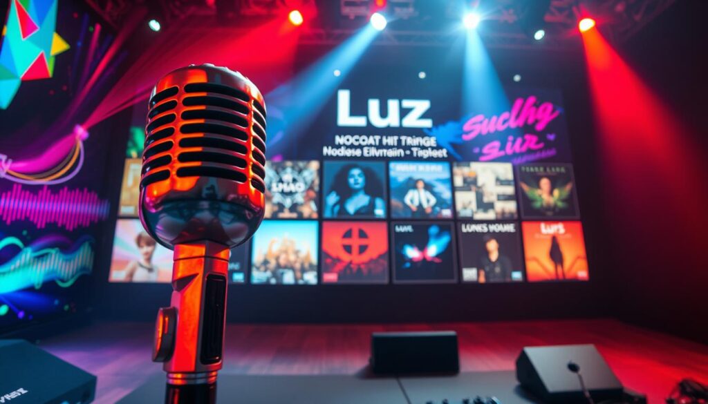 A vibrant collection of album covers and music visualizers showcasing the top 10 hit songs of the popular vocaloid artist luz. The foreground features a close-up of a microphone against a dynamic backdrop of pulsing audio waveforms and colorful abstract patterns. In the middle ground, a grid of square album artwork panels highlights the artist's most beloved tracks, each with a distinct visual style and mood. The background sets a cinematic tone with dramatic lighting, deep shadows, and a hint of stage scenery, creating an immersive atmosphere that celebrates luz's captivating musical talent and enduring popularity.